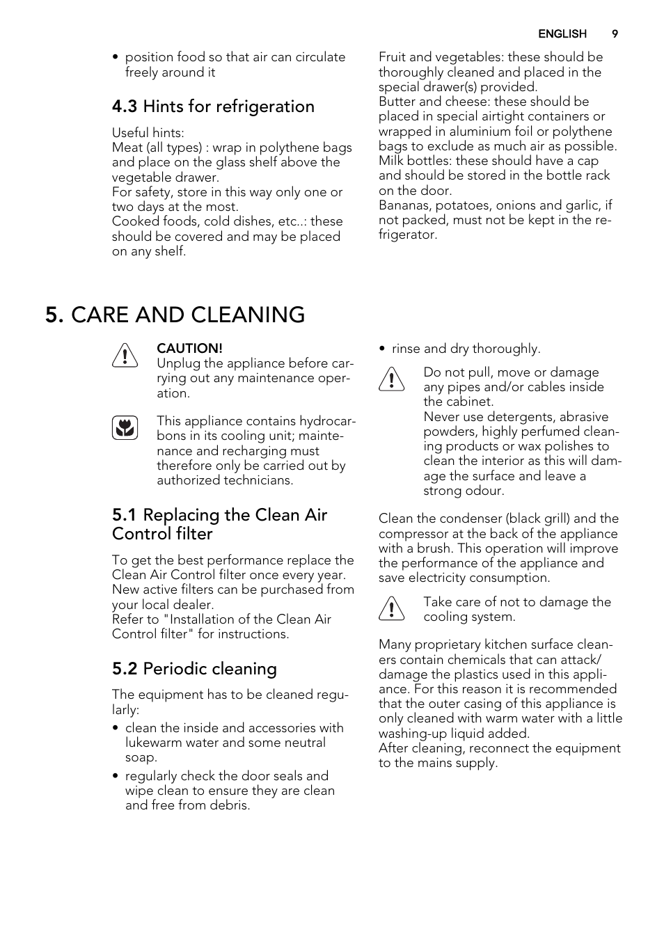 Care and cleaning, 3 hints for refrigeration, 1 replacing the clean air control filter | 2 periodic cleaning | AEG S84000KMX0 User Manual | Page 9 / 72