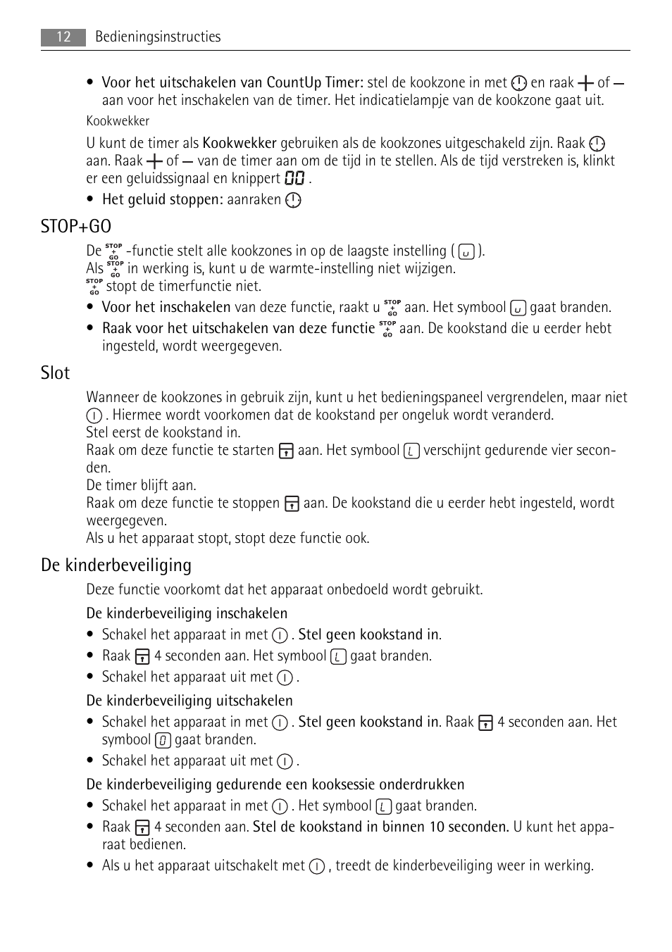 Stop+go, Slot, De kinderbeveiliging | AEG HK653226XB User Manual | Page 12 / 68