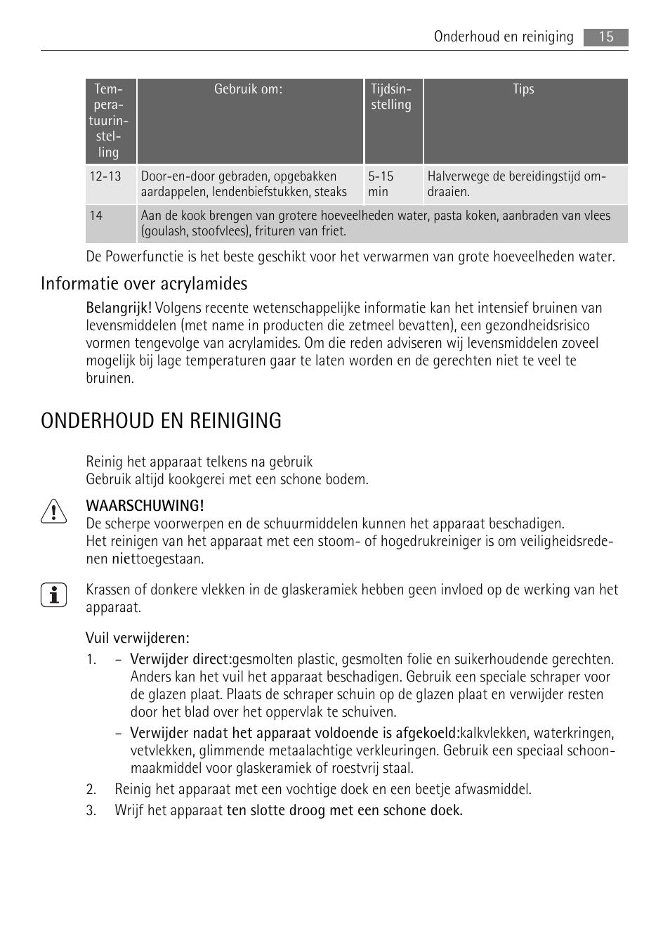 Onderhoud en reiniging, Informatie over acrylamides | AEG HK653226XB User Manual | Page 15 / 68