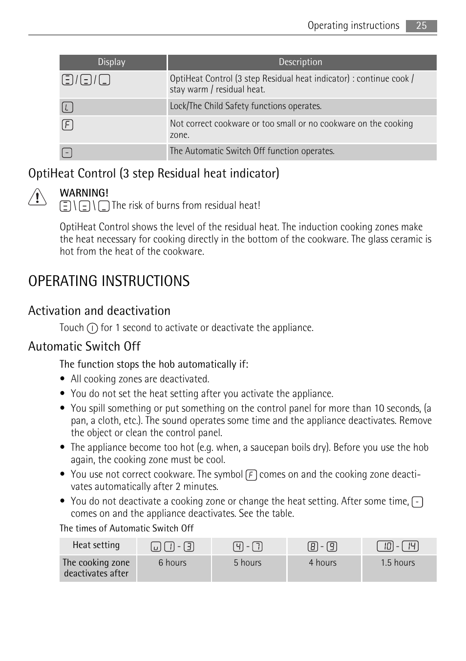 Operating instructions, Optiheat control (3 step residual heat indicator), Activation and deactivation | Automatic switch off | AEG HK653226XB User Manual | Page 25 / 68