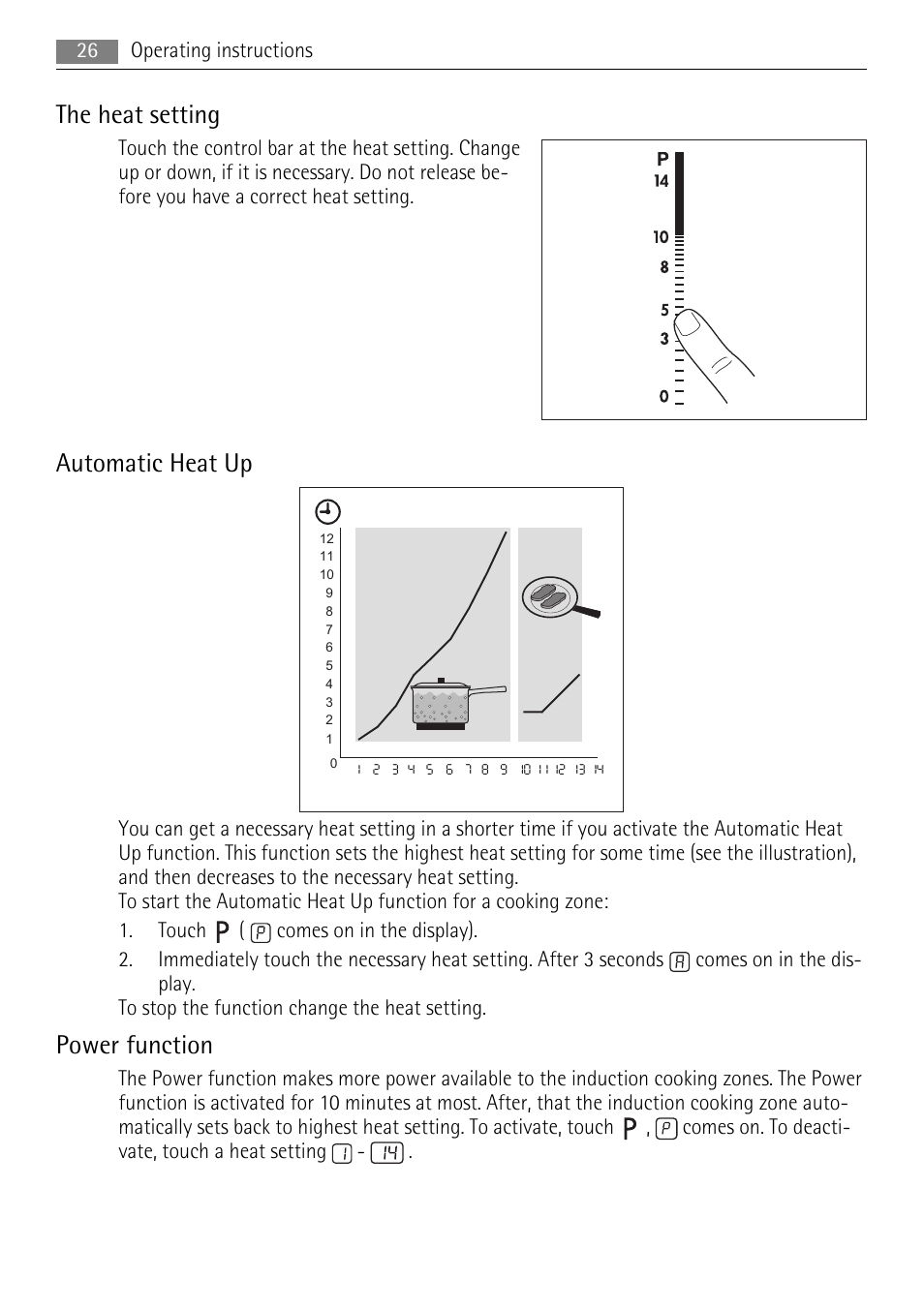 The heat setting, Automatic heat up, Power function | AEG HK653226XB User Manual | Page 26 / 68