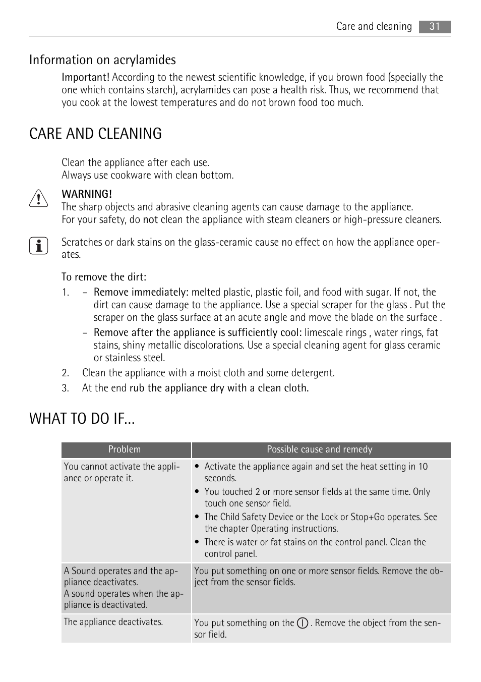 Care and cleaning, What to do if, Information on acrylamides | AEG HK653226XB User Manual | Page 31 / 68