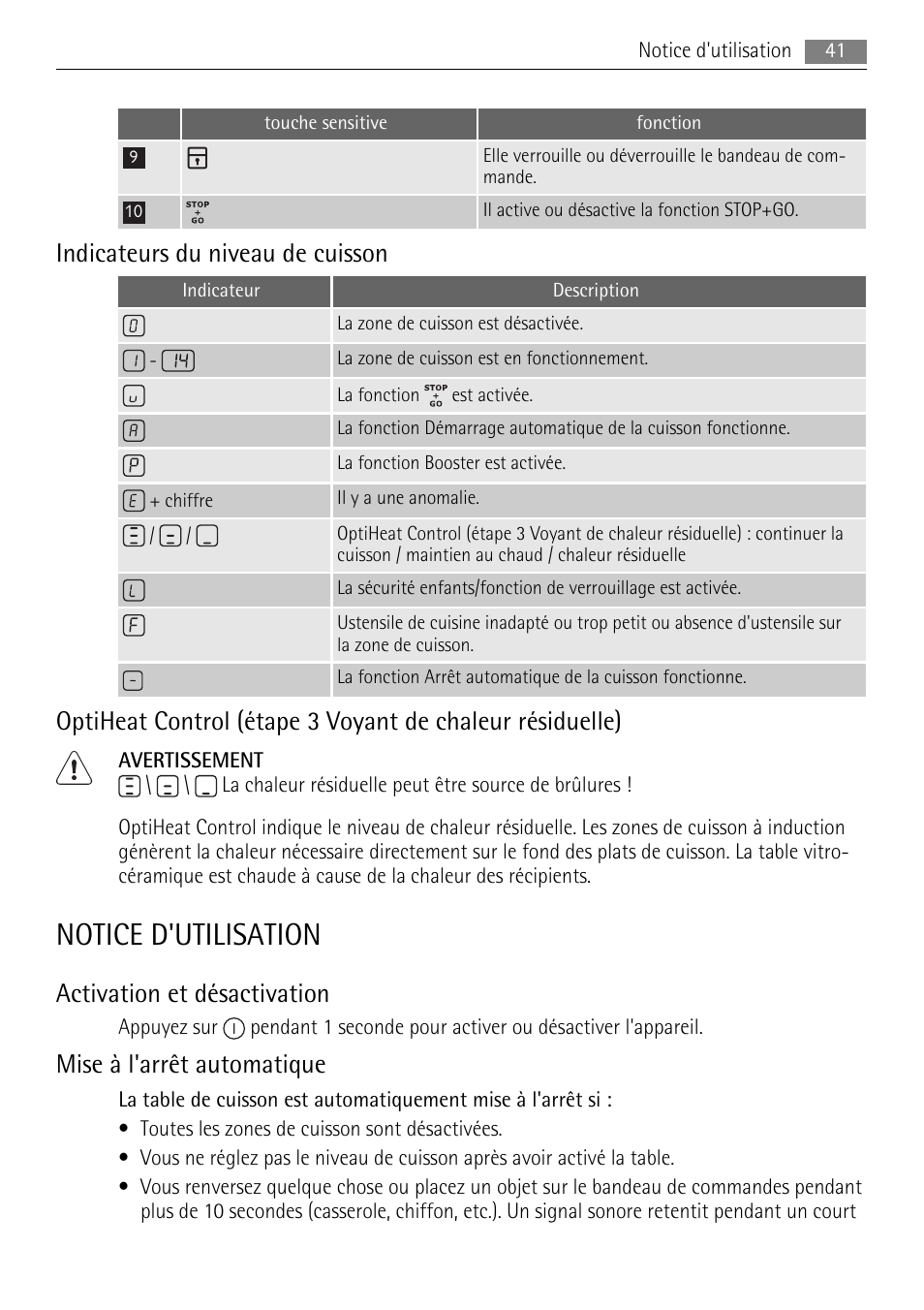 Notice d'utilisation, Indicateurs du niveau de cuisson, Activation et désactivation | Mise à l'arrêt automatique | AEG HK653226XB User Manual | Page 41 / 68