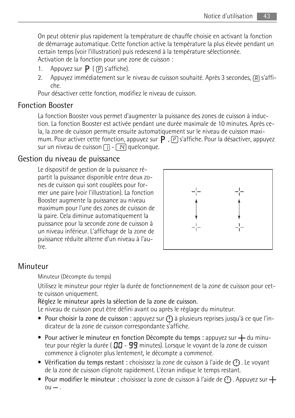 Fonction booster, Gestion du niveau de puissance, Minuteur | AEG HK653226XB User Manual | Page 43 / 68