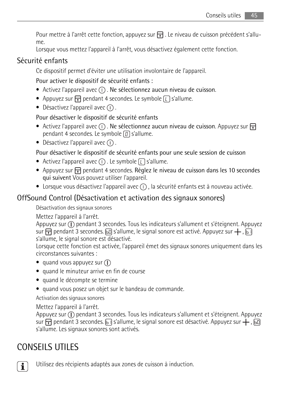 Conseils utiles, Sécurité enfants | AEG HK653226XB User Manual | Page 45 / 68