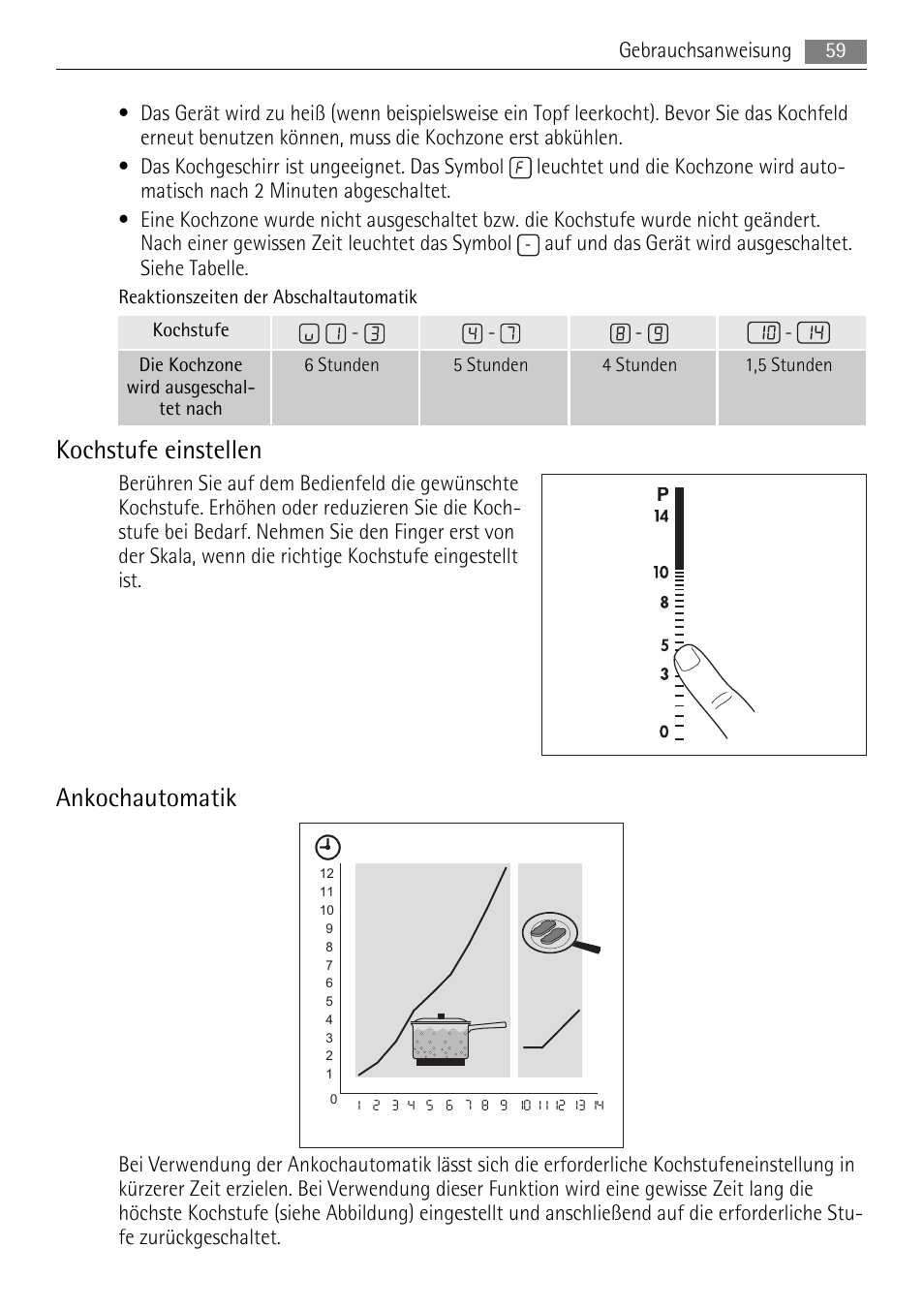 Kochstufe einstellen, Ankochautomatik | AEG HK653226XB User Manual | Page 59 / 68