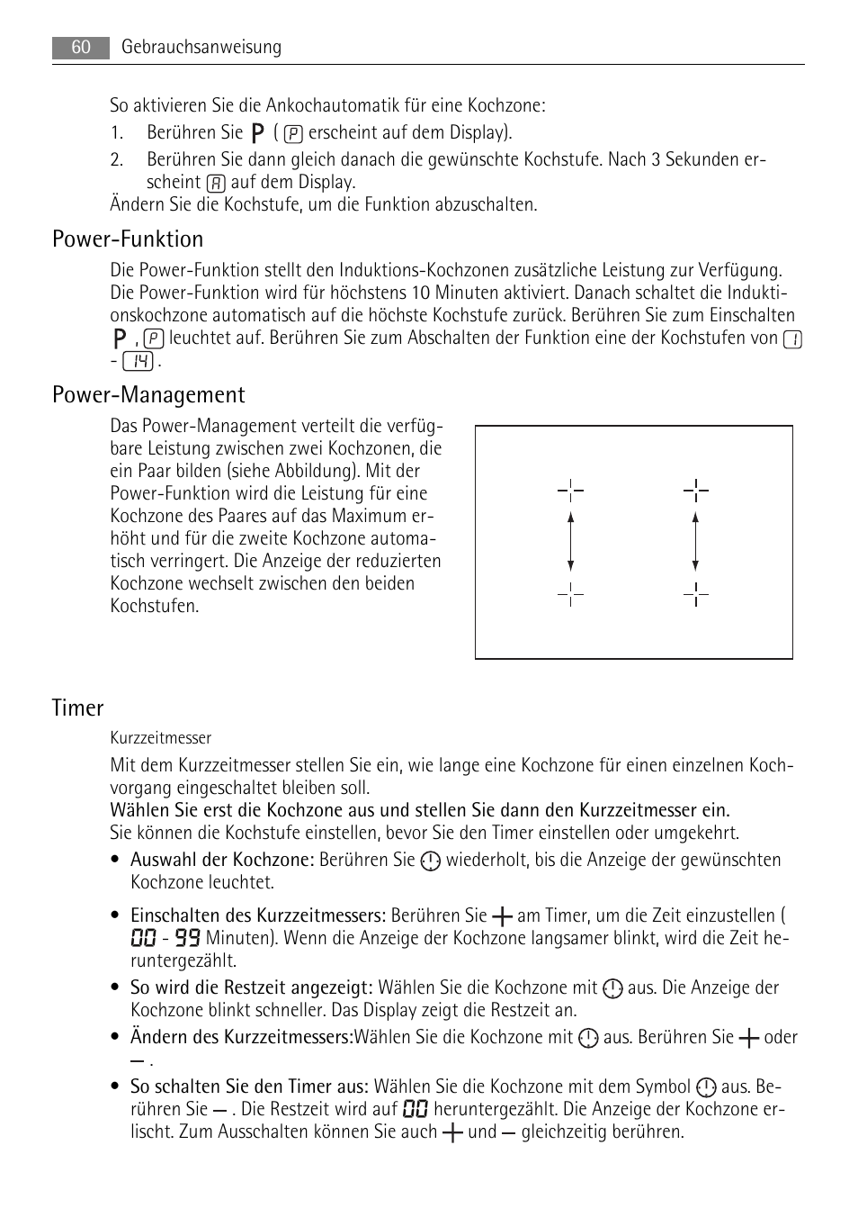 Power-funktion, Power-management, Timer | AEG HK653226XB User Manual | Page 60 / 68