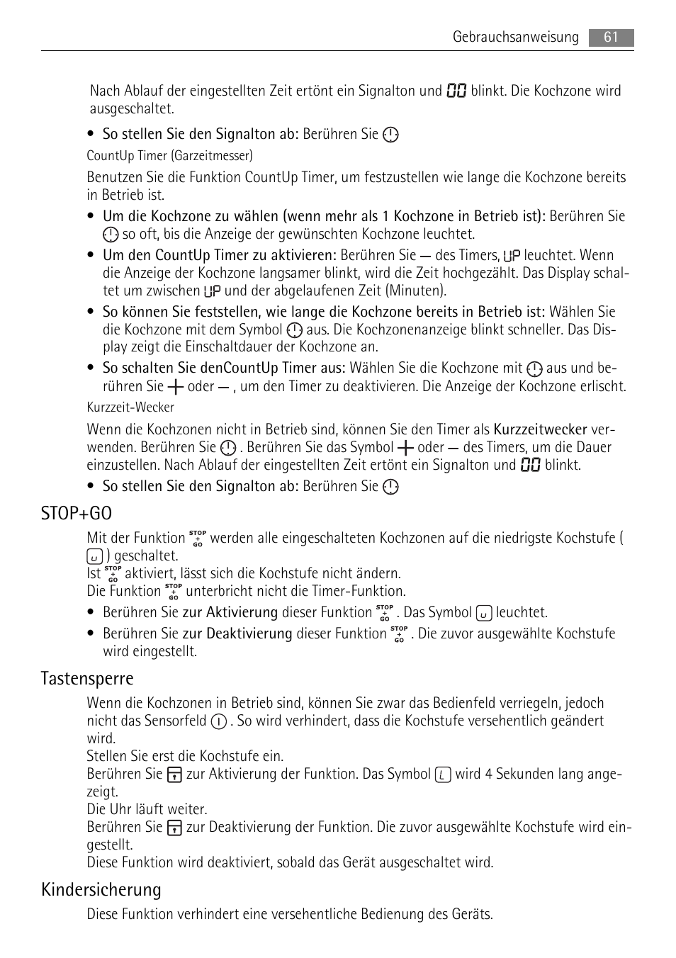 Stop+go, Tastensperre, Kindersicherung | AEG HK653226XB User Manual | Page 61 / 68