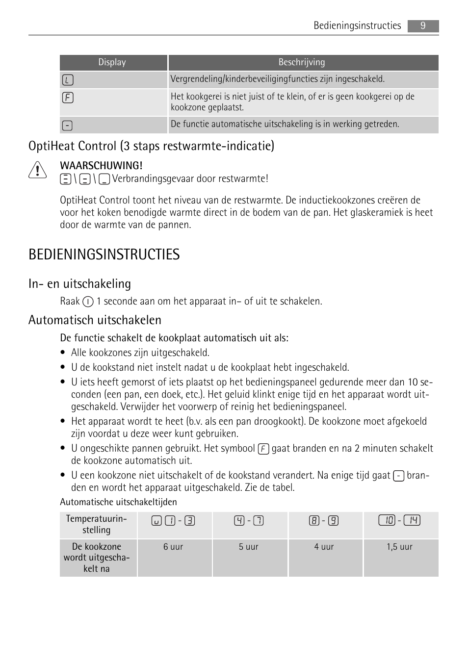 Bedieningsinstructies, Optiheat control (3 staps restwarmte-indicatie), In- en uitschakeling | Automatisch uitschakelen | AEG HK653226XB User Manual | Page 9 / 68