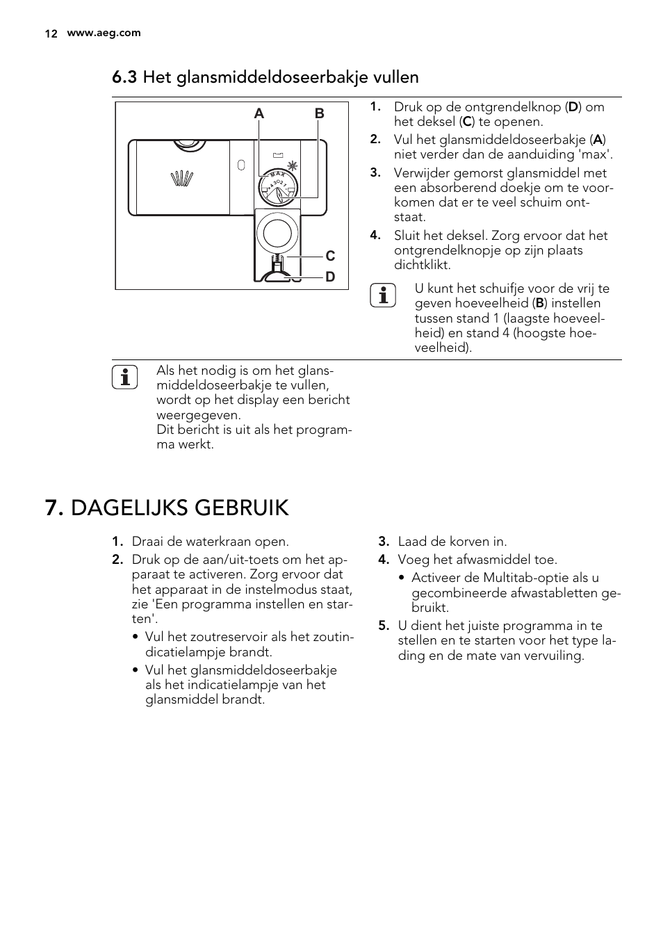 Dagelijks gebruik, 3 het glansmiddeldoseerbakje vullen | AEG F65042W0P User Manual | Page 12 / 72