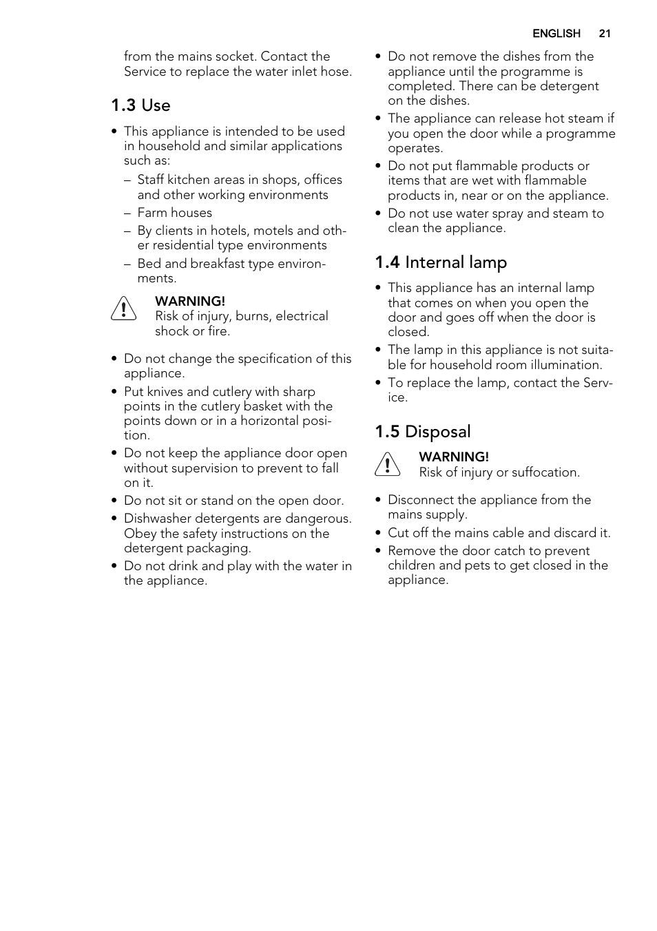 3 use, 4 internal lamp, 5 disposal | AEG F65042W0P User Manual | Page 21 / 72