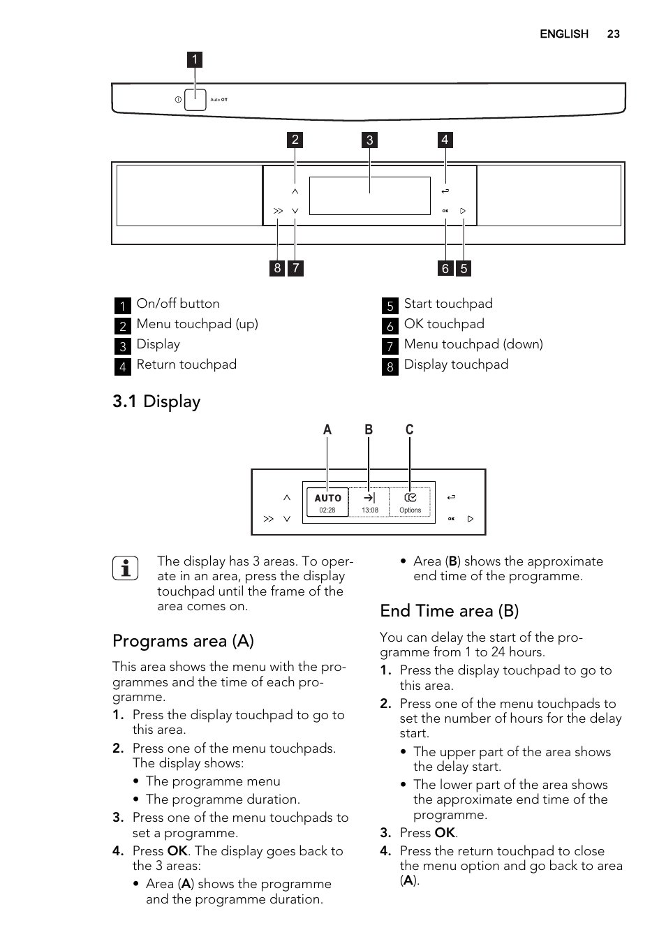 1 display, Programs area (a), End time area (b) | AEG F65042W0P User Manual | Page 23 / 72