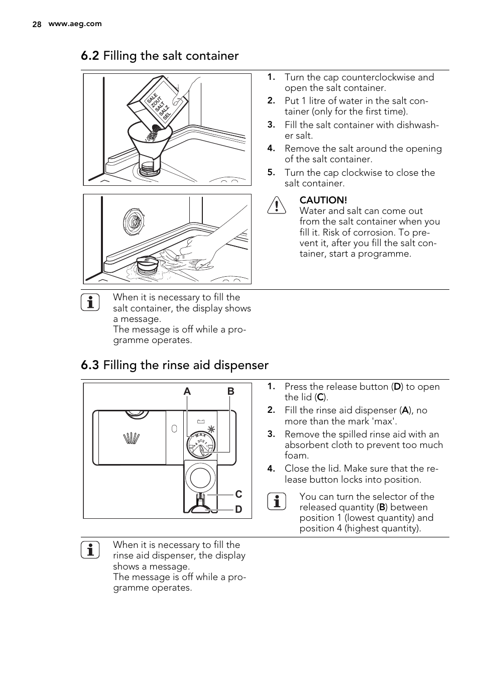 2 filling the salt container, 3 filling the rinse aid dispenser | AEG F65042W0P User Manual | Page 28 / 72