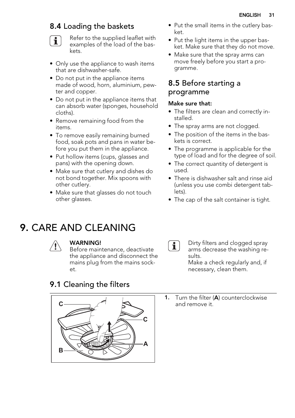 Care and cleaning, 4 loading the baskets, 5 before starting a programme | 1 cleaning the filters | AEG F65042W0P User Manual | Page 31 / 72