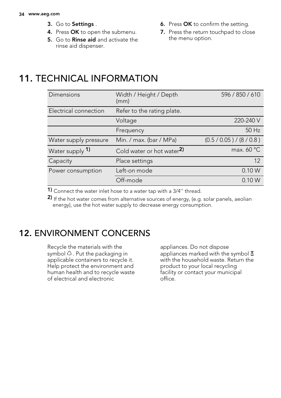 Technical information, Environment concerns | AEG F65042W0P User Manual | Page 34 / 72