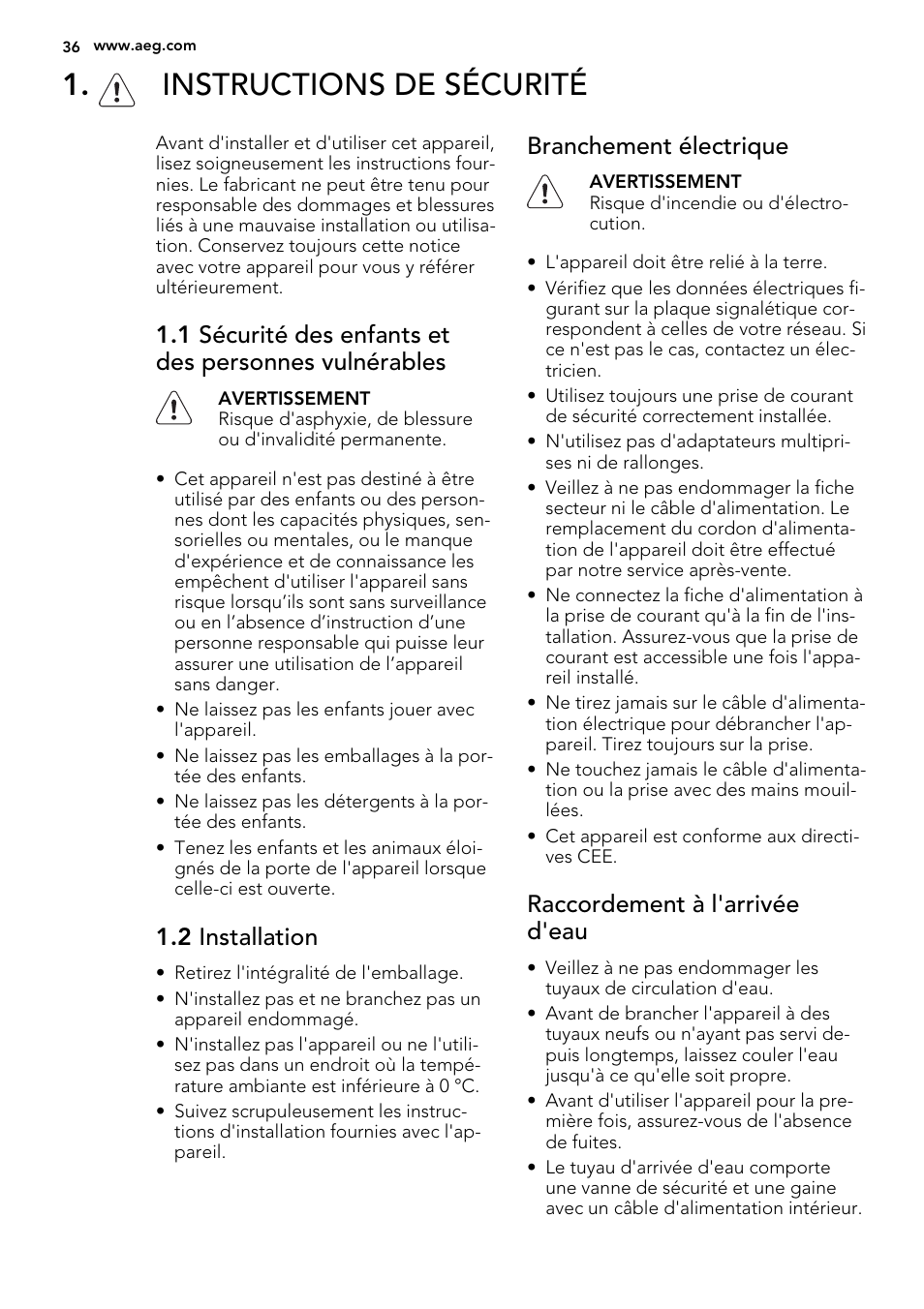 Instructions de sécurité, 2 installation, Branchement électrique | Raccordement à l'arrivée d'eau | AEG F65042W0P User Manual | Page 36 / 72