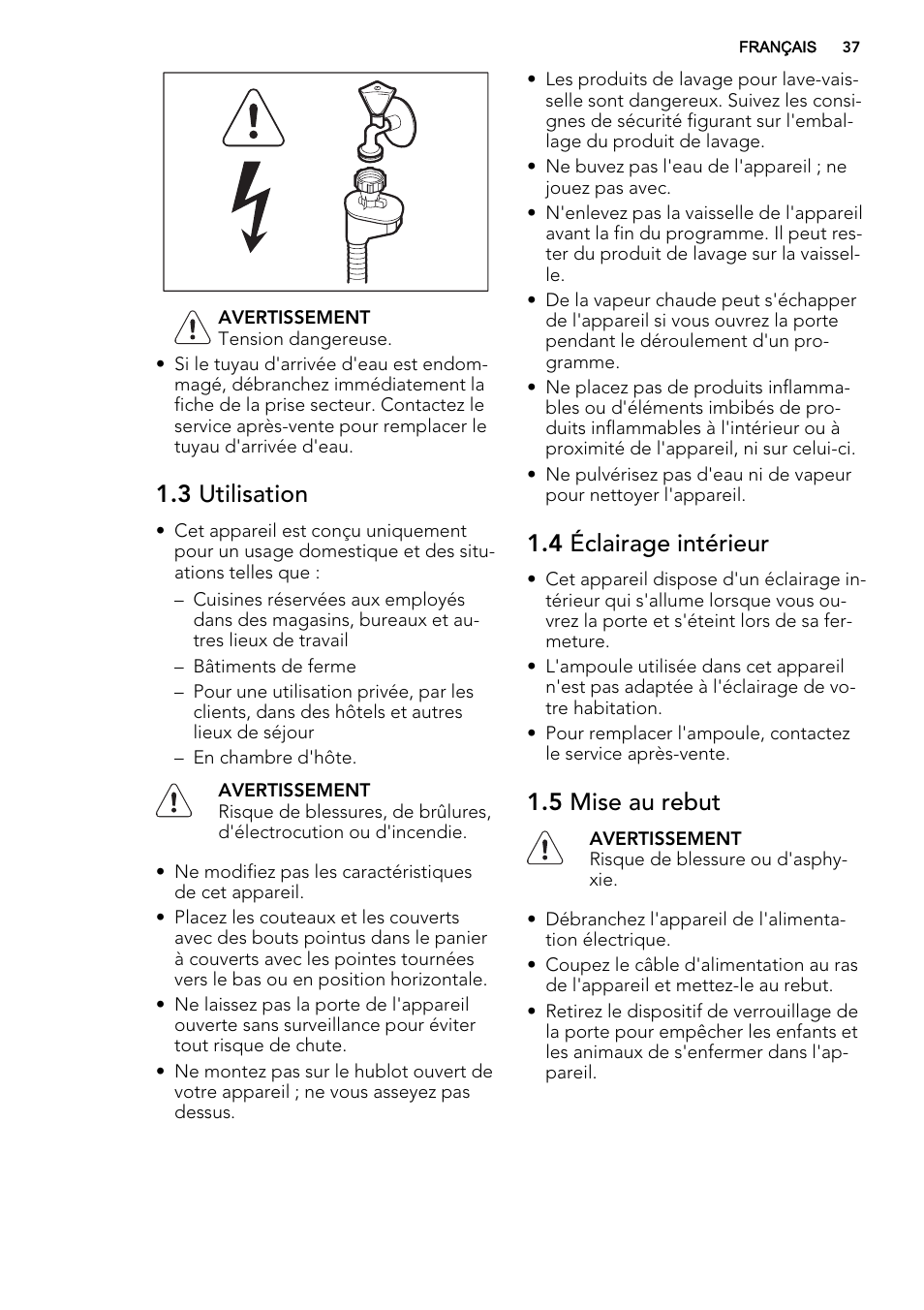 3 utilisation, 4 éclairage intérieur, 5 mise au rebut | AEG F65042W0P User Manual | Page 37 / 72