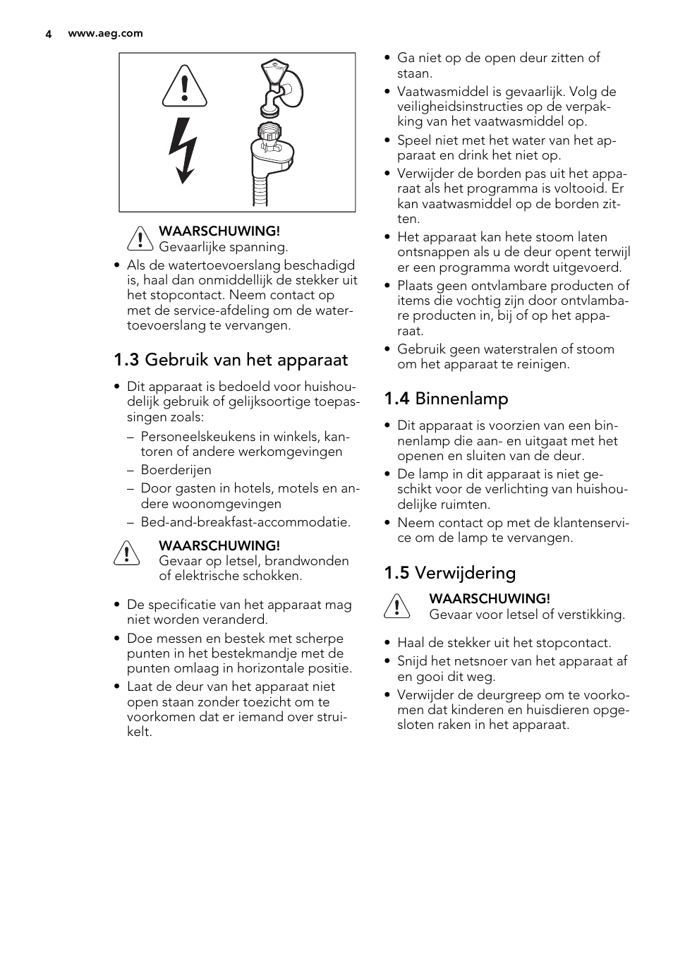 3 gebruik van het apparaat, 4 binnenlamp, 5 verwijdering | AEG F65042W0P User Manual | Page 4 / 72