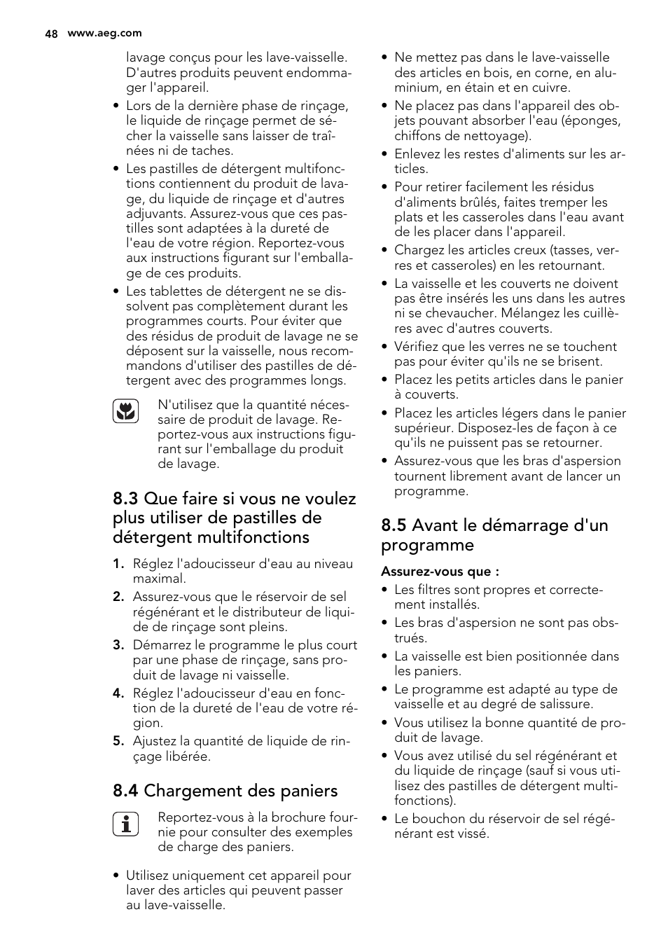 4 chargement des paniers, 5 avant le démarrage d'un programme | AEG F65042W0P User Manual | Page 48 / 72