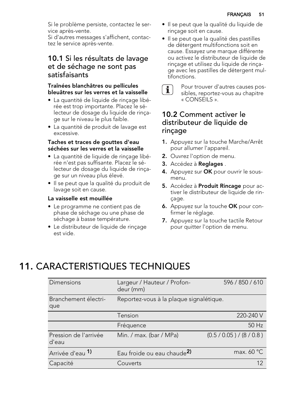 Caracteristiques techniques | AEG F65042W0P User Manual | Page 51 / 72