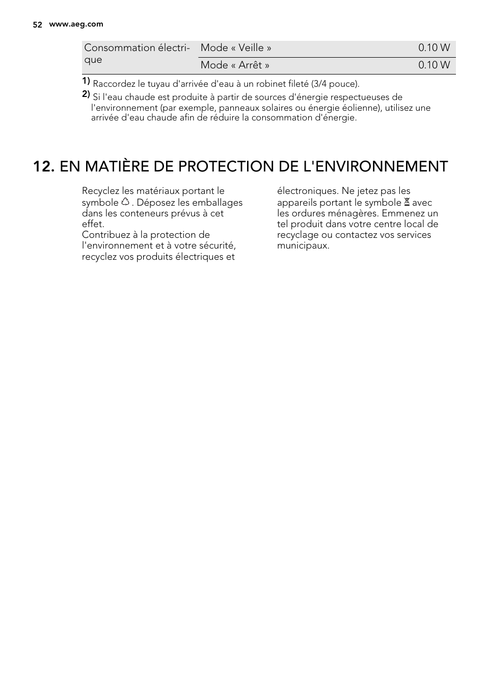En matière de protection de l'environnement | AEG F65042W0P User Manual | Page 52 / 72