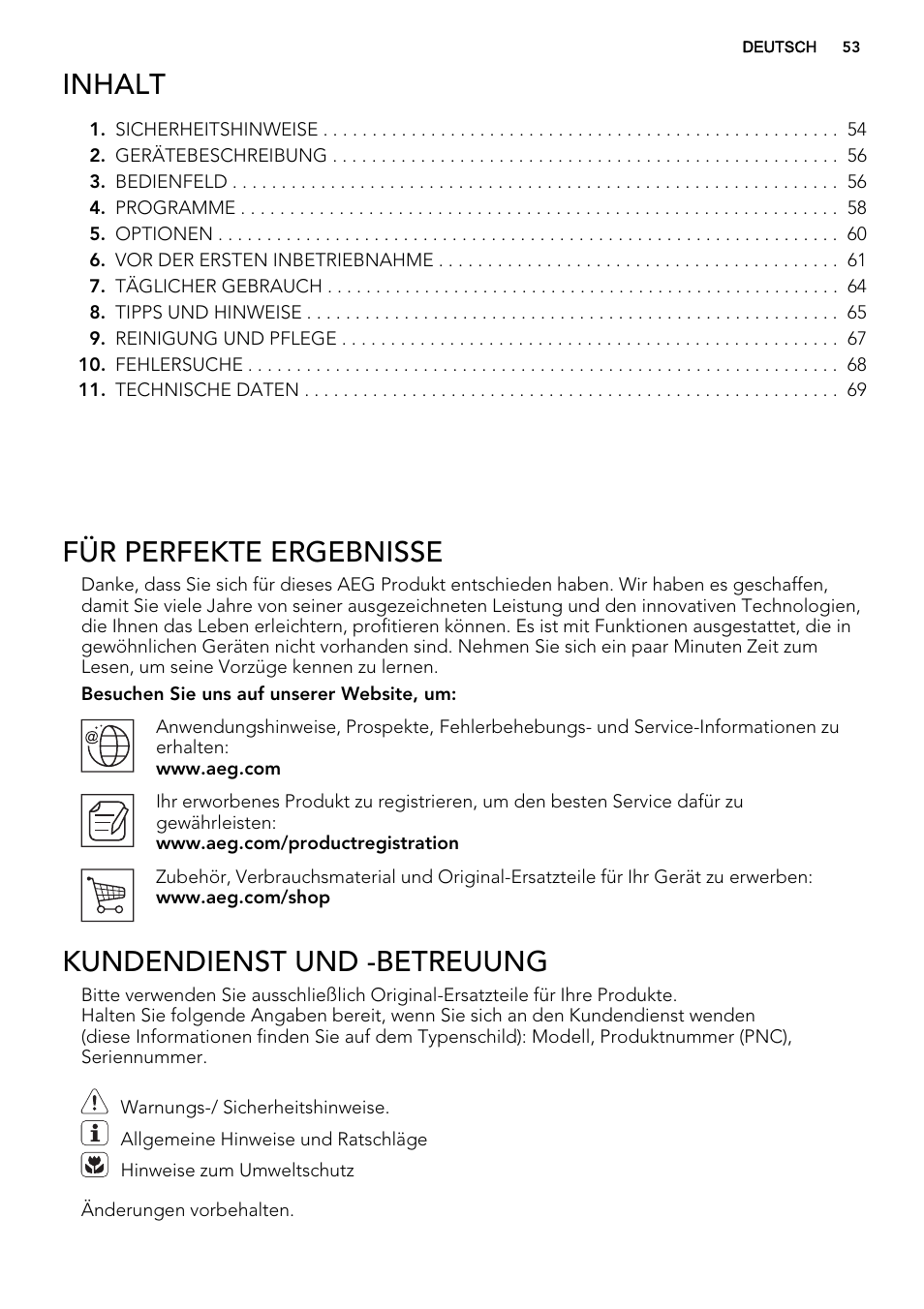 Inhalt, Für perfekte ergebnisse, Kundendienst und -betreuung | AEG F65042W0P User Manual | Page 53 / 72