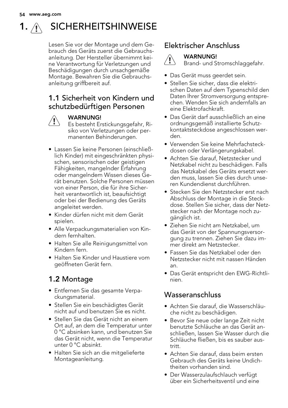 Sicherheitshinweise, 2 montage, Elektrischer anschluss | Wasseranschluss | AEG F65042W0P User Manual | Page 54 / 72