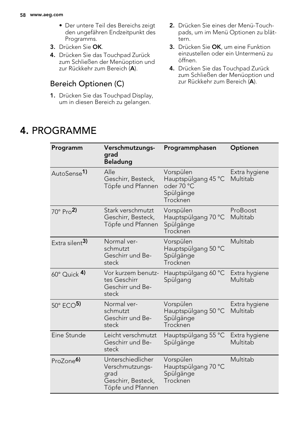 Programme, Bereich optionen (c) | AEG F65042W0P User Manual | Page 58 / 72