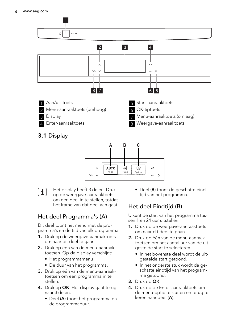 1 display, Het deel programma's (a), Het deel eindtijd (b) | AEG F65042W0P User Manual | Page 6 / 72