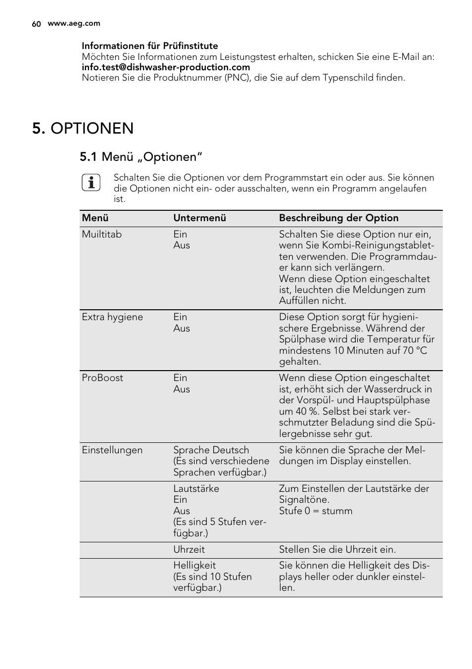 Optionen, 1 menü „optionen | AEG F65042W0P User Manual | Page 60 / 72