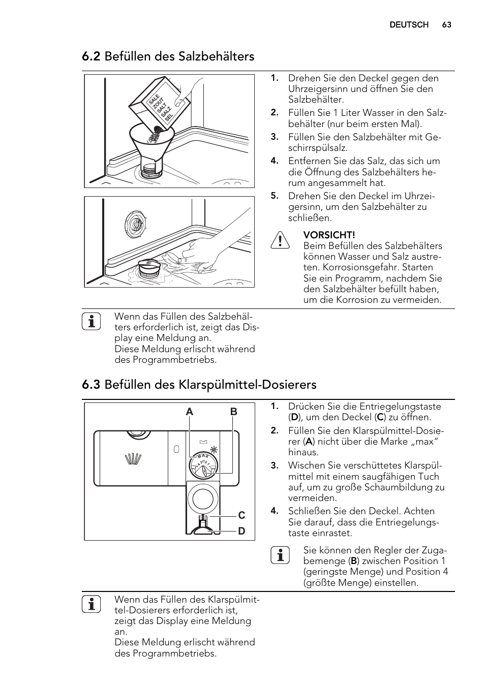2 befüllen des salzbehälters, 3 befüllen des klarspülmittel-dosierers, Ab d c | AEG F65042W0P User Manual | Page 63 / 72