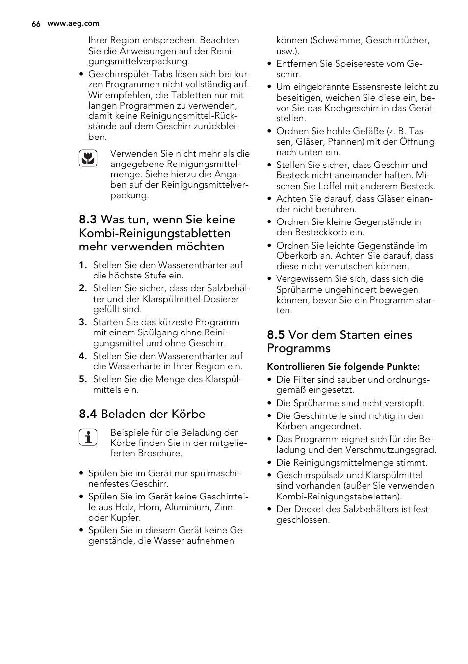 4 beladen der körbe, 5 vor dem starten eines programms | AEG F65042W0P User Manual | Page 66 / 72