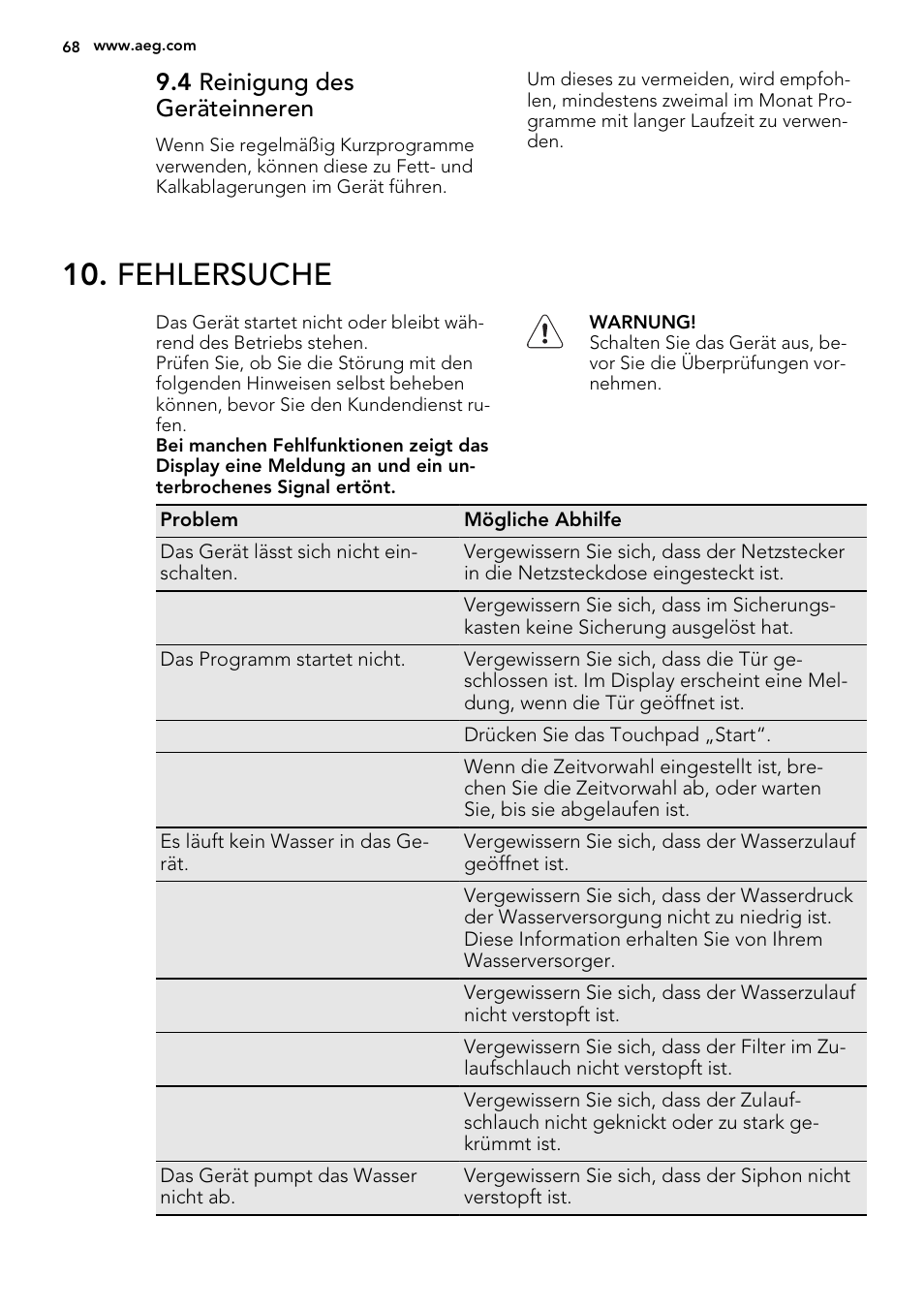 Fehlersuche, 4 reinigung des geräteinneren | AEG F65042W0P User Manual | Page 68 / 72