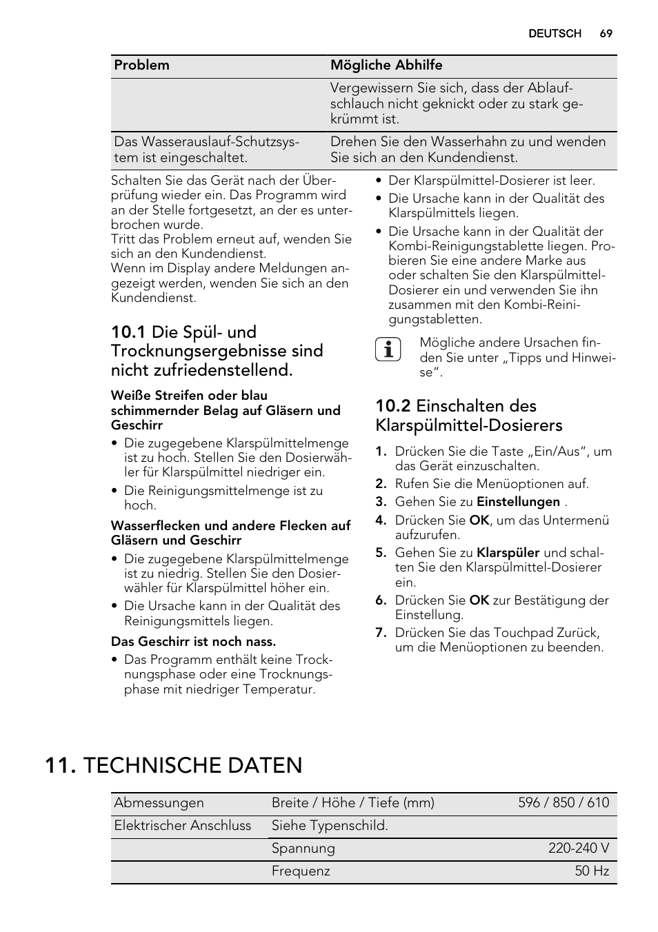 Technische daten, 2 einschalten des klarspülmittel-dosierers | AEG F65042W0P User Manual | Page 69 / 72