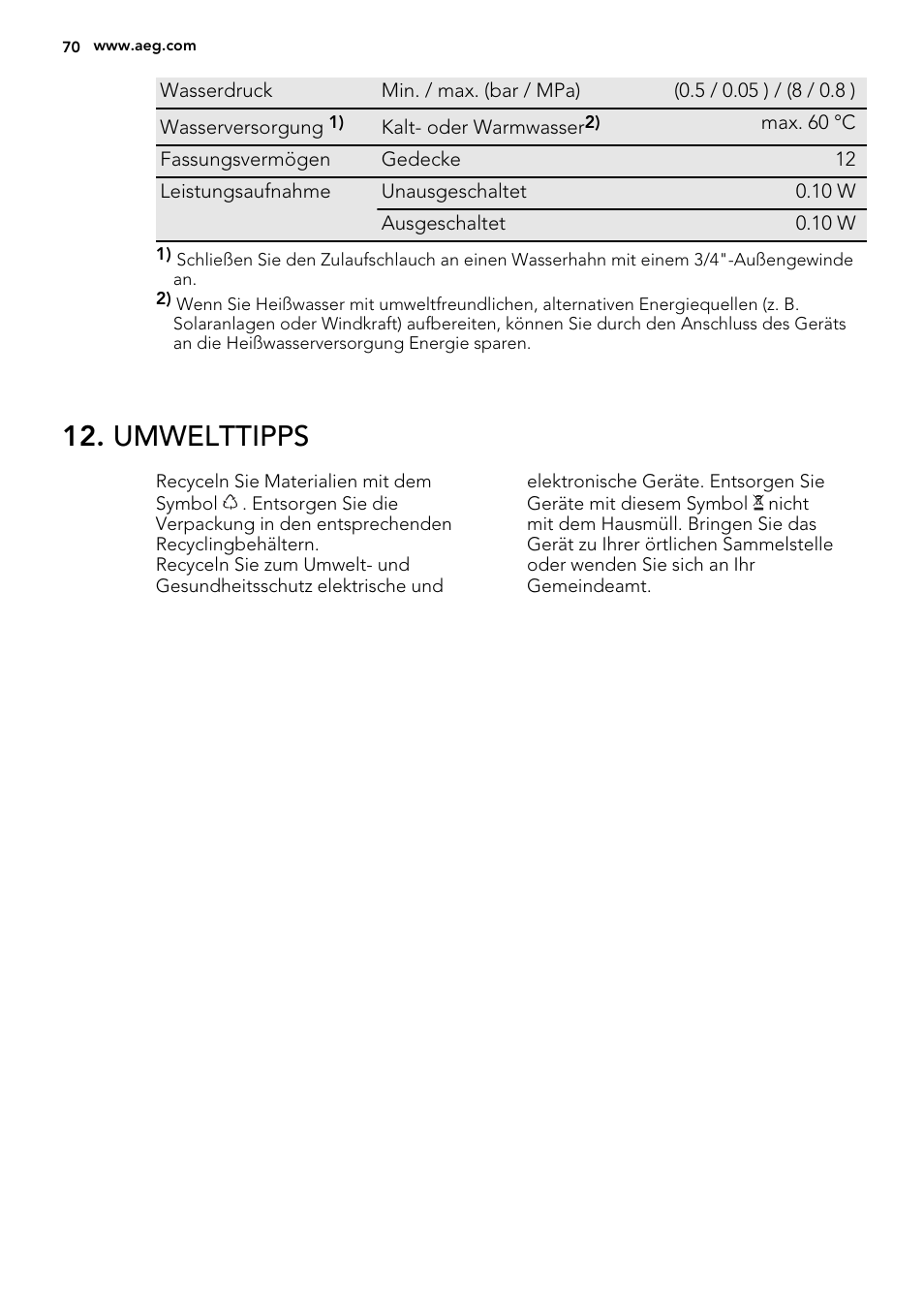 Umwelttipps | AEG F65042W0P User Manual | Page 70 / 72