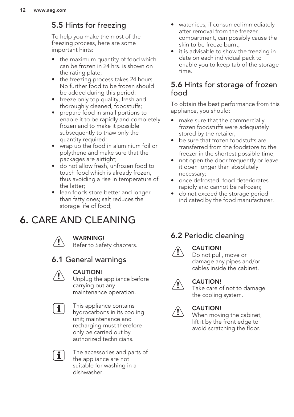 5 hints for freezing, 6 hints for storage of frozen food, Care and cleaning | 1 general warnings, 2 periodic cleaning | AEG SCS51800S1 User Manual | Page 12 / 72