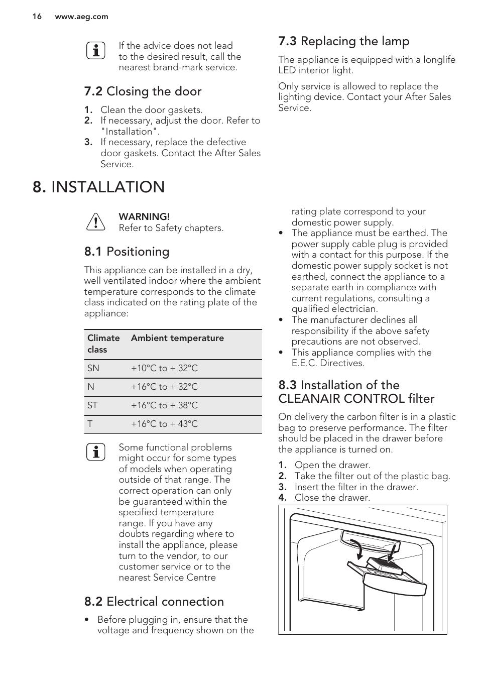 2 closing the door, 3 replacing the lamp, Installation | 1 positioning, 2 electrical connection, 3 installation of the cleanair control filter | AEG SCS51800S1 User Manual | Page 16 / 72