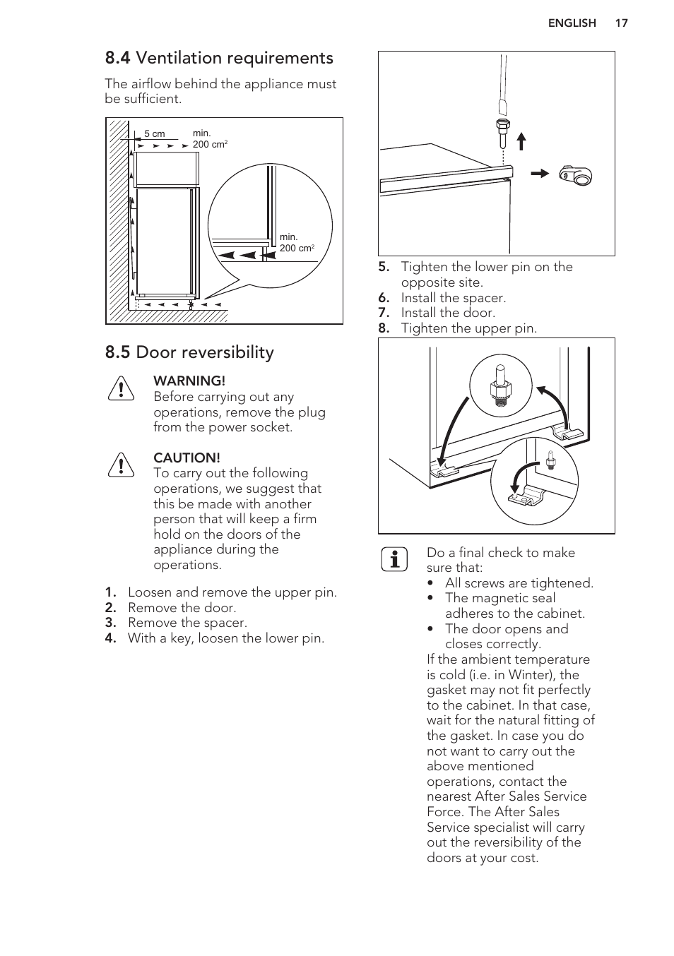 4 ventilation requirements, 5 door reversibility | AEG SCS51800S1 User Manual | Page 17 / 72