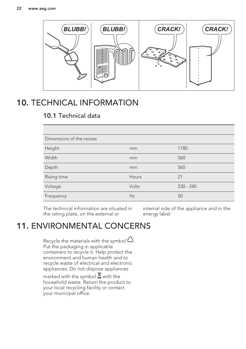 Technical information, 1 technical data, Environmental concerns | AEG SCS51800S1 User Manual | Page 22 / 72