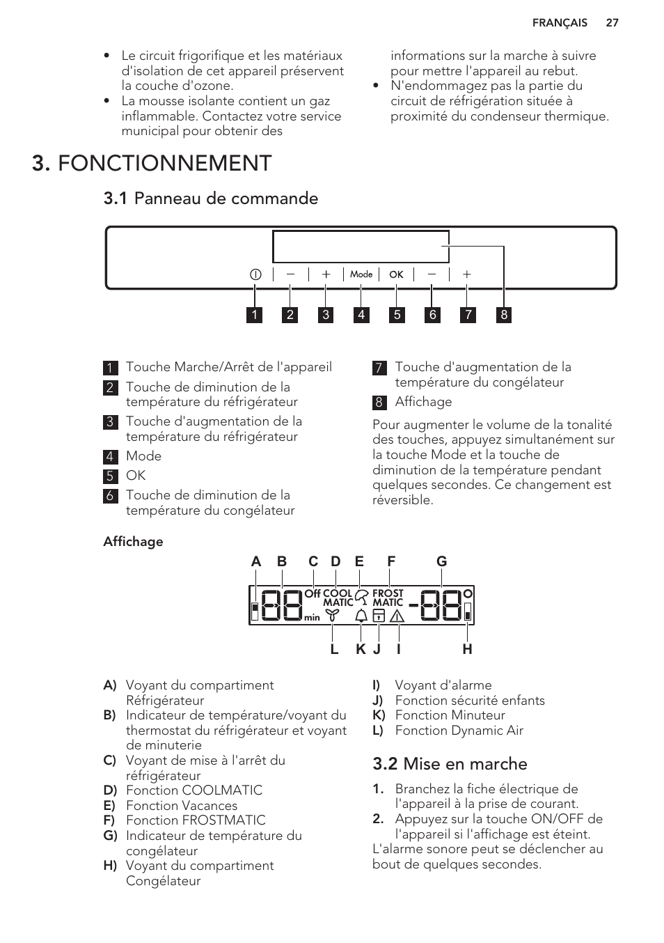 Fonctionnement, 1 panneau de commande, 2 mise en marche | AEG SCS51800S1 User Manual | Page 27 / 72