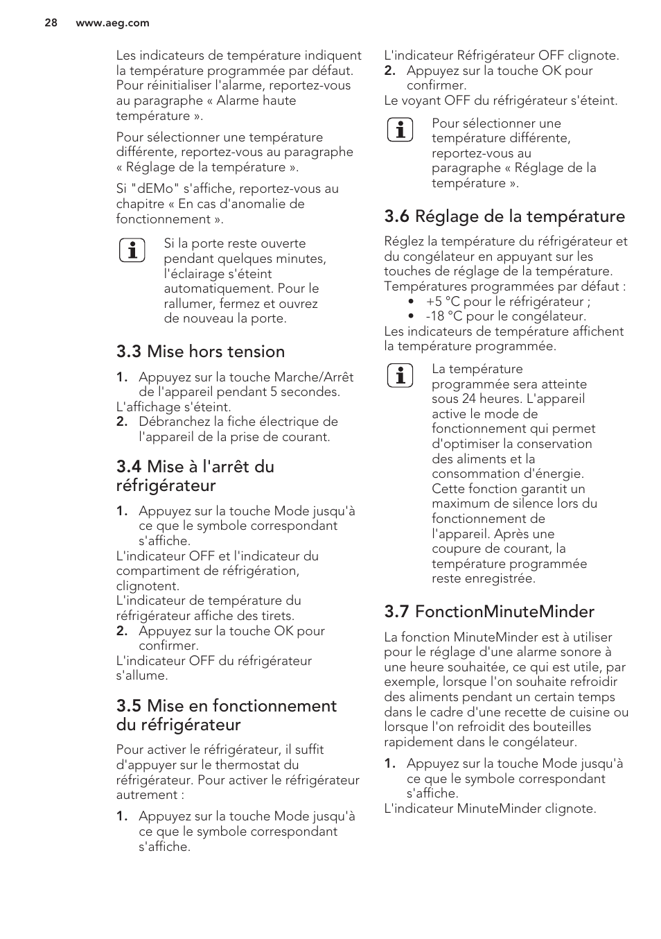 3 mise hors tension, 4 mise à l'arrêt du réfrigérateur, 5 mise en fonctionnement du réfrigérateur | 6 réglage de la température, 7 fonctionminuteminder | AEG SCS51800S1 User Manual | Page 28 / 72