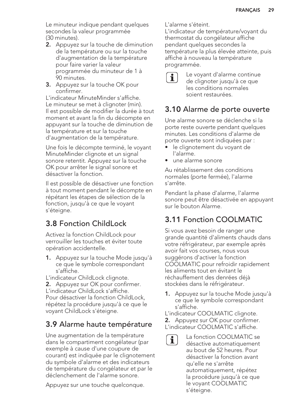 8 fonction childlock, 9 alarme haute température, 10 alarme de porte ouverte | 11 fonction coolmatic | AEG SCS51800S1 User Manual | Page 29 / 72