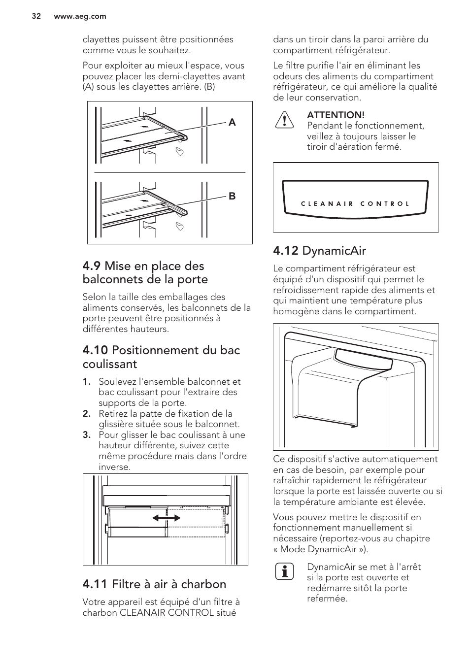 9 mise en place des balconnets de la porte, 10 positionnement du bac coulissant, 11 filtre à air à charbon | 12 dynamicair | AEG SCS51800S1 User Manual | Page 32 / 72