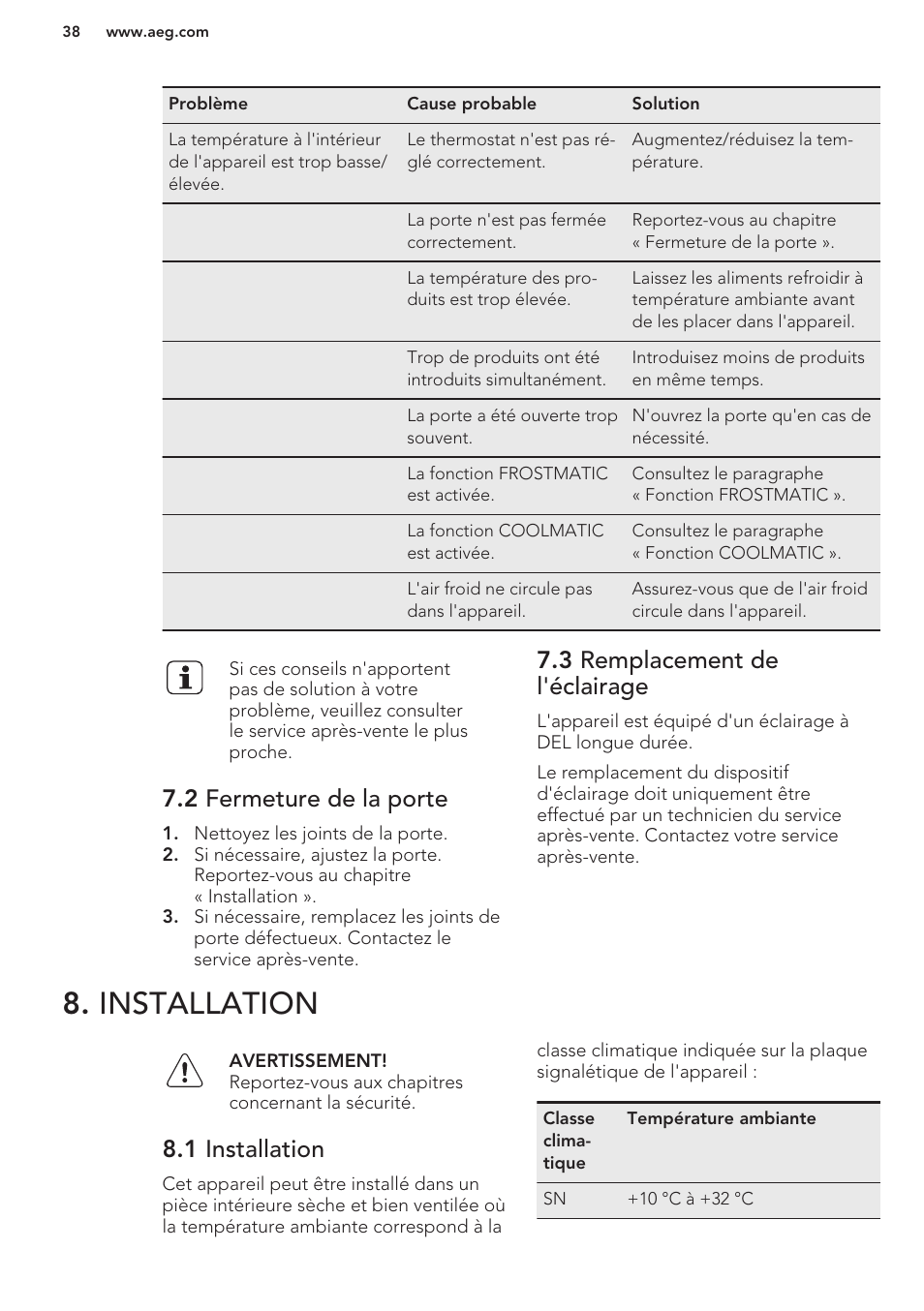 2 fermeture de la porte, 3 remplacement de l'éclairage, Installation | 1 installation | AEG SCS51800S1 User Manual | Page 38 / 72