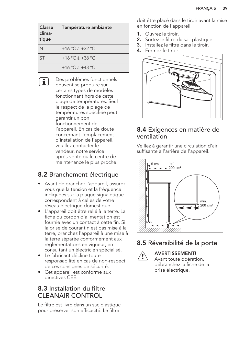 2 branchement électrique, 3 installation du filtre cleanair control, 4 exigences en matière de ventilation | 5 réversibilité de la porte | AEG SCS51800S1 User Manual | Page 39 / 72