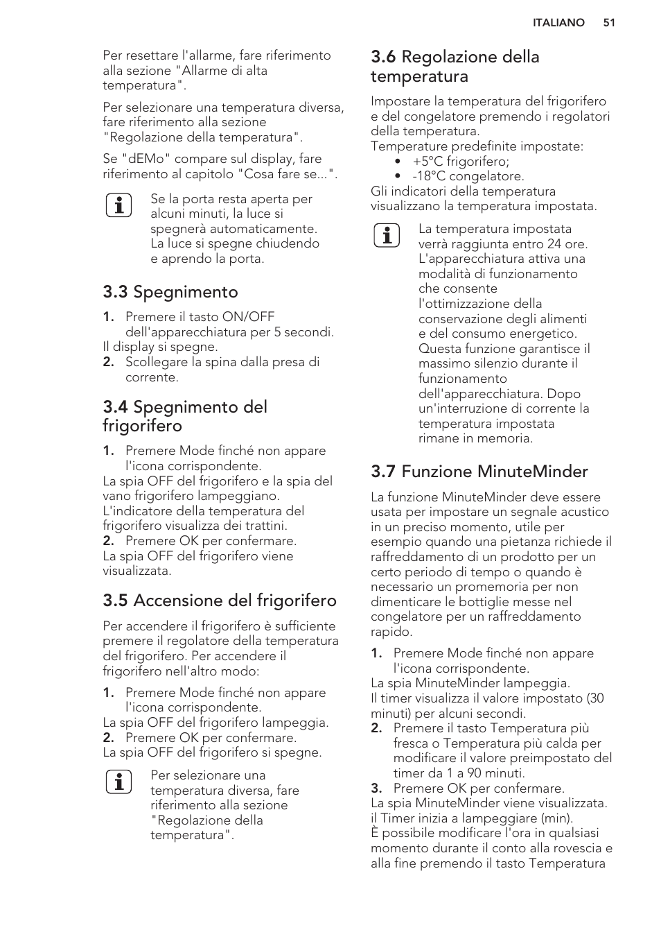 3 spegnimento, 4 spegnimento del frigorifero, 5 accensione del frigorifero | 6 regolazione della temperatura, 7 funzione minuteminder | AEG SCS51800S1 User Manual | Page 51 / 72