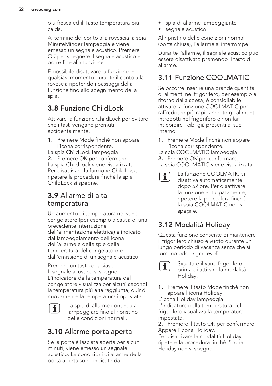 8 funzione childlock, 9 allarme di alta temperatura, 10 allarme porta aperta | 11 funzione coolmatic, 12 modalità holiday | AEG SCS51800S1 User Manual | Page 52 / 72