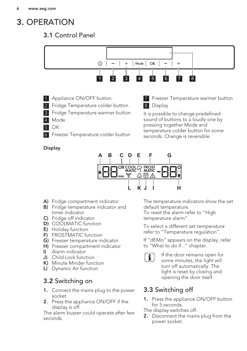 Operation, 1 control panel, 2 switching on | 3 switching off | AEG SCS51800S1 User Manual | Page 6 / 72
