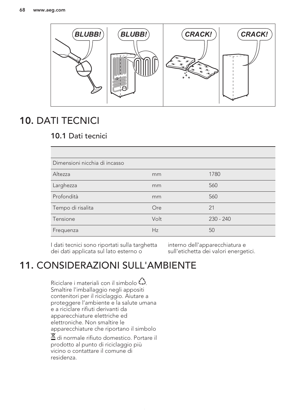 Dati tecnici, 1 dati tecnici, Considerazioni sull'ambiente | AEG SCS51800S1 User Manual | Page 68 / 72