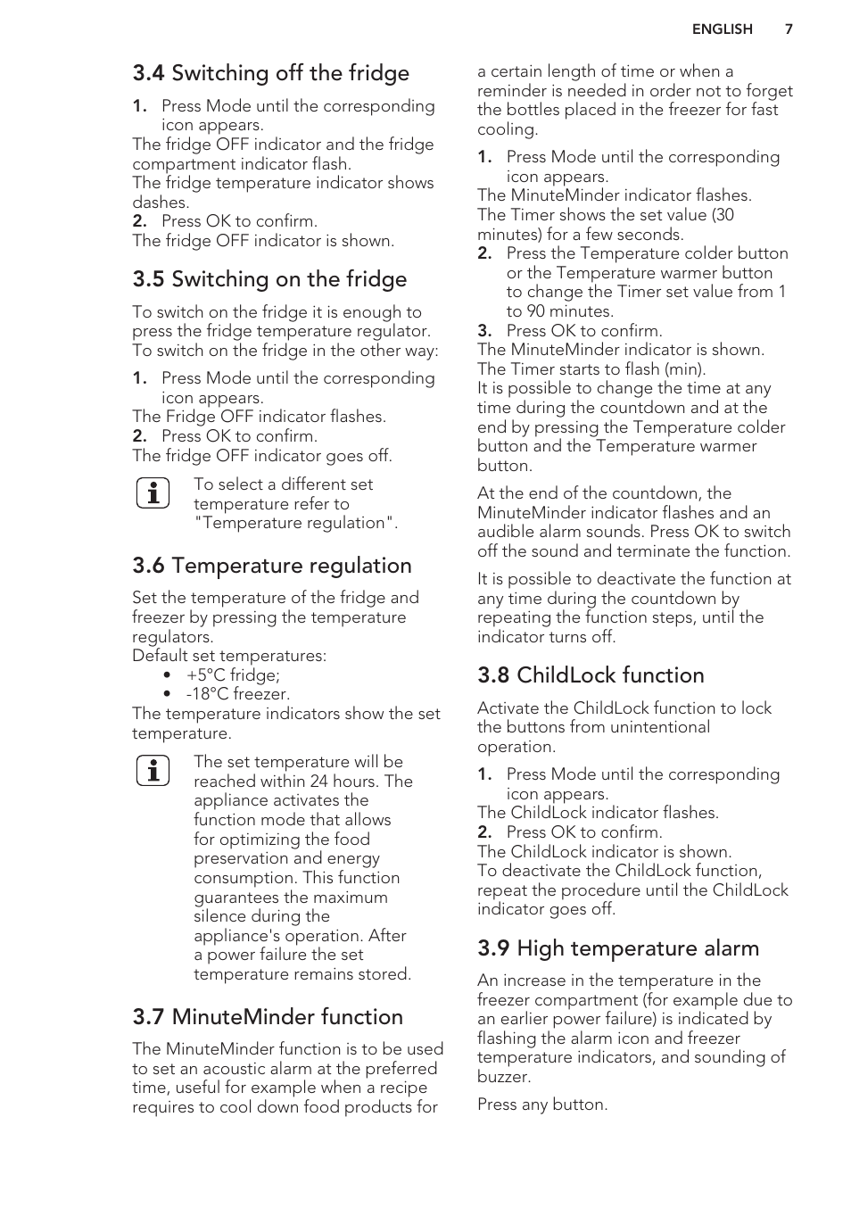 4 switching off the fridge, 5 switching on the fridge, 6 temperature regulation | 7 minuteminder function, 8 childlock function, 9 high temperature alarm | AEG SCS51800S1 User Manual | Page 7 / 72